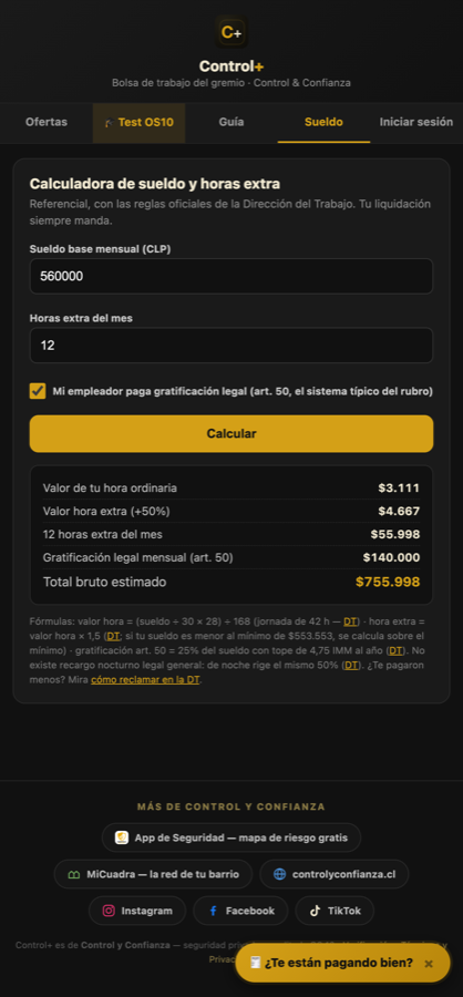 Calculadora de sueldo y horas extra en Control+